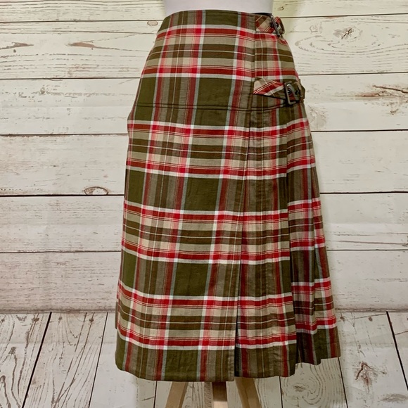 Escada Plaid Tartan Pleated Double Buckle MIDI Skirt Olive Green Red - Picture 14 of 16